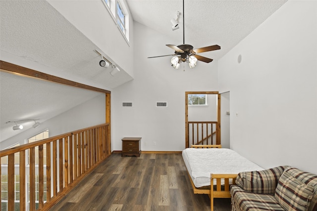 living area featuring rail lighting, high vaulted ceiling, dark hardwood / wood-style floors, and a textured ceiling