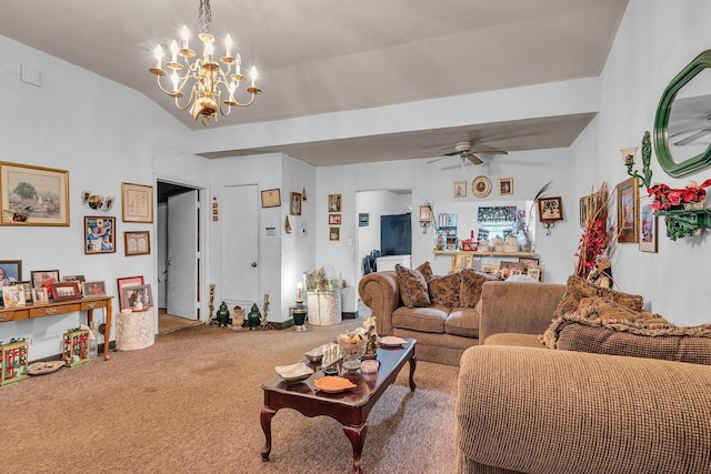 carpeted living room featuring lofted ceiling and ceiling fan with notable chandelier