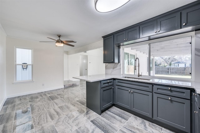 kitchen with ceiling fan, gray cabinets, kitchen peninsula, and sink