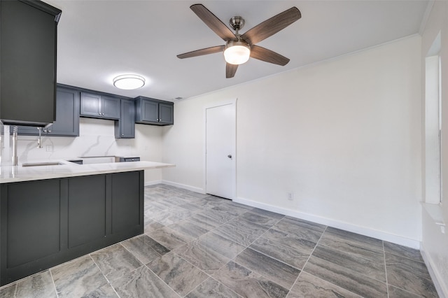 kitchen with sink, crown molding, gray cabinets, ceiling fan, and kitchen peninsula