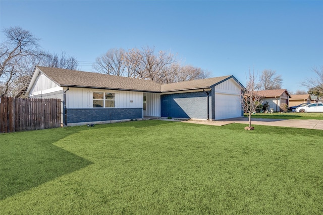 single story home with a garage and a front lawn