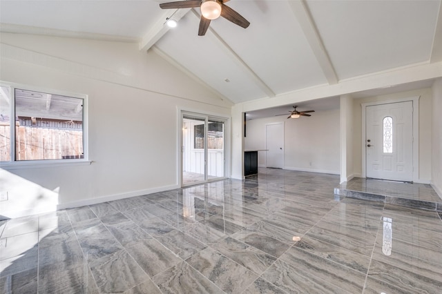 unfurnished living room with beamed ceiling, ceiling fan, and high vaulted ceiling