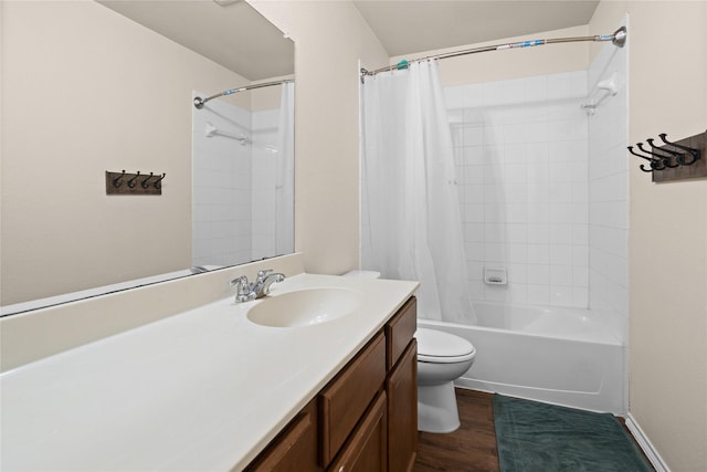 full bathroom with vanity, shower / tub combo, wood-type flooring, and toilet