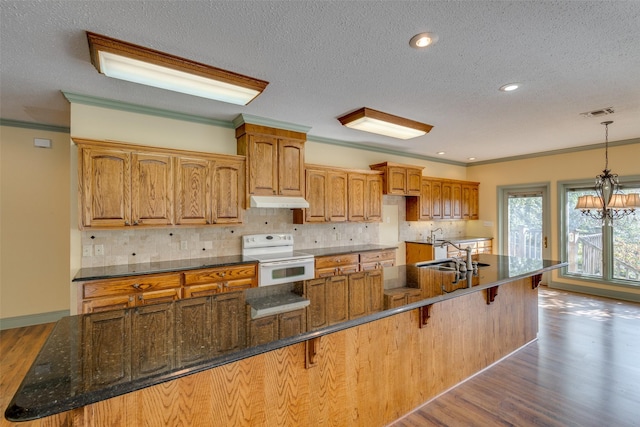 kitchen featuring pendant lighting, sink, a kitchen bar, electric range, and crown molding