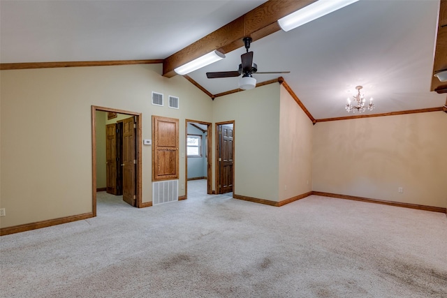 unfurnished room featuring high vaulted ceiling, ornamental molding, ceiling fan with notable chandelier, light colored carpet, and beamed ceiling