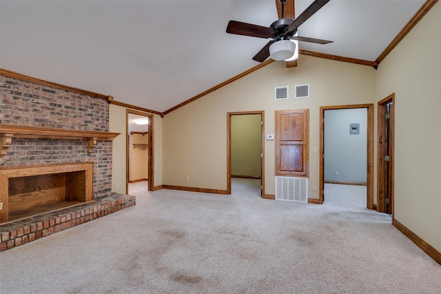 unfurnished living room with light carpet, a fireplace, ornamental molding, and ceiling fan