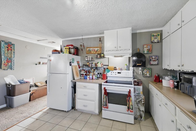 kitchen featuring light countertops, white appliances, white cabinetry, and under cabinet range hood