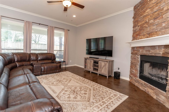 living room with crown molding, ceiling fan, and a fireplace