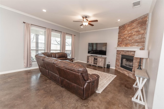 living room with crown molding, ceiling fan, and a stone fireplace