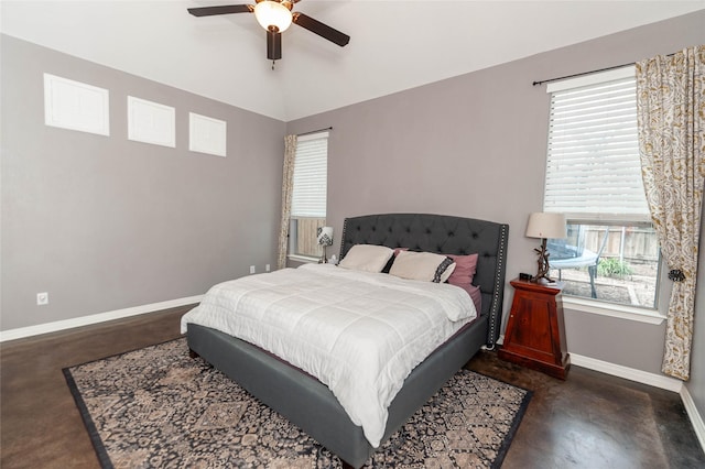 bedroom featuring lofted ceiling and ceiling fan