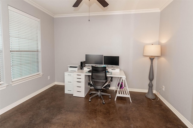 office space with crown molding and ceiling fan