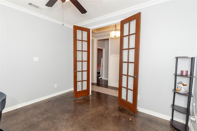 unfurnished room featuring crown molding, french doors, and ceiling fan