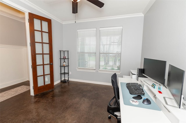 home office featuring crown molding and ceiling fan