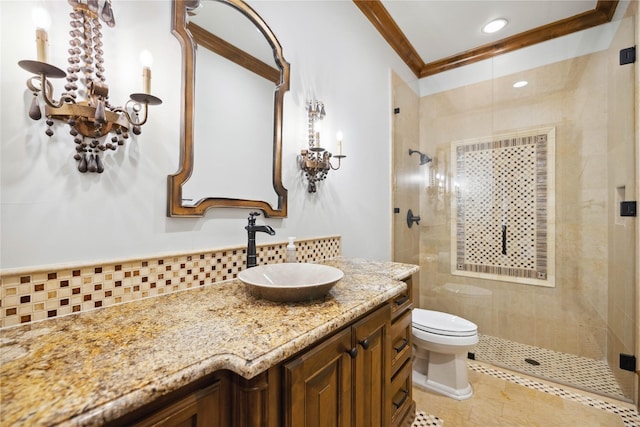 bathroom featuring walk in shower, toilet, ornamental molding, vanity, and backsplash