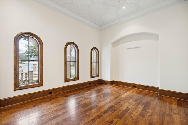 spare room featuring hardwood / wood-style flooring and ornamental molding