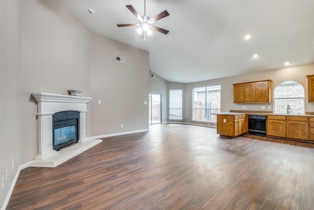 interior space featuring ceiling fan, lofted ceiling, dark hardwood / wood-style floors, and sink