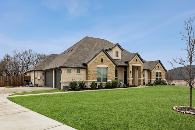 view of front facade with a garage, central AC unit, and a front yard