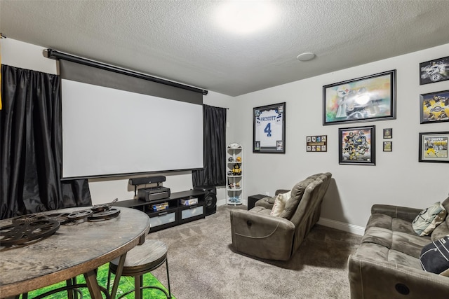 home theater with carpet flooring and a textured ceiling