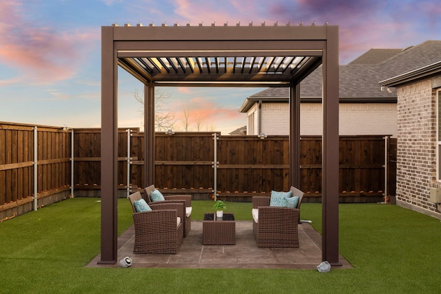 view of patio featuring a pergola, a fenced backyard, and an outdoor hangout area