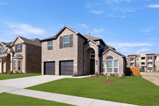 view of front of house featuring a garage, concrete driveway, brick siding, and a front lawn