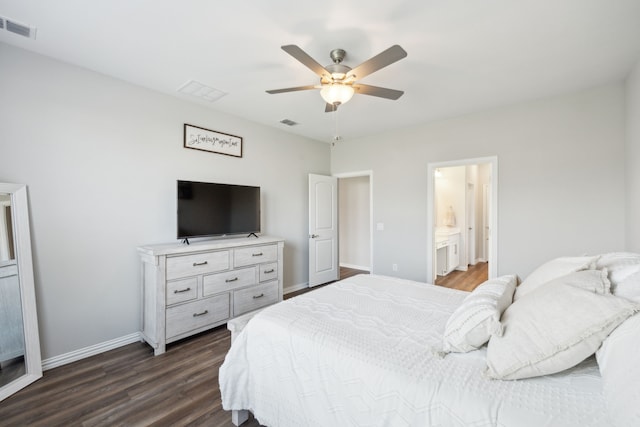 bedroom with baseboards, visible vents, ceiling fan, and dark wood-type flooring