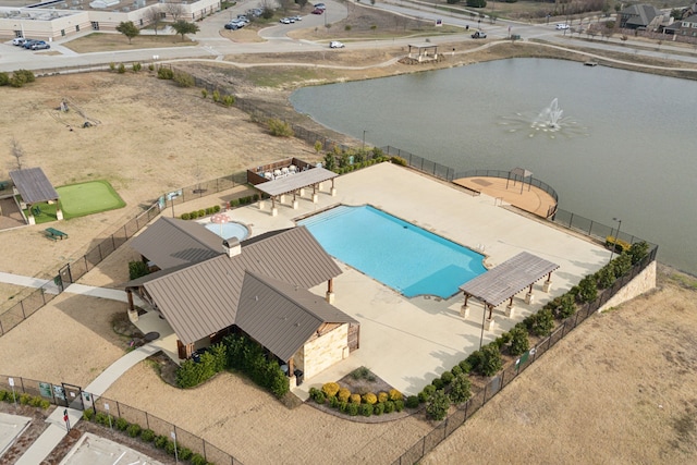 aerial view featuring a water view