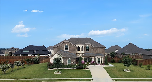 french provincial home featuring fence private yard, brick siding, a residential view, and a front lawn