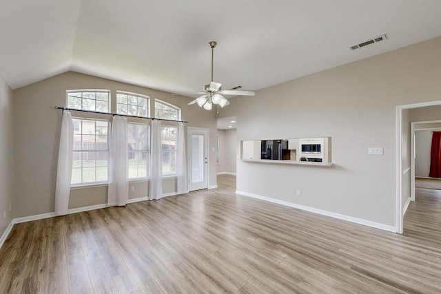 1720 Willow Crk, Mesquite, TX 75181 - unfurnished living room with wood finished floors, ceiling fan, visible vents, and a wealth of natural light