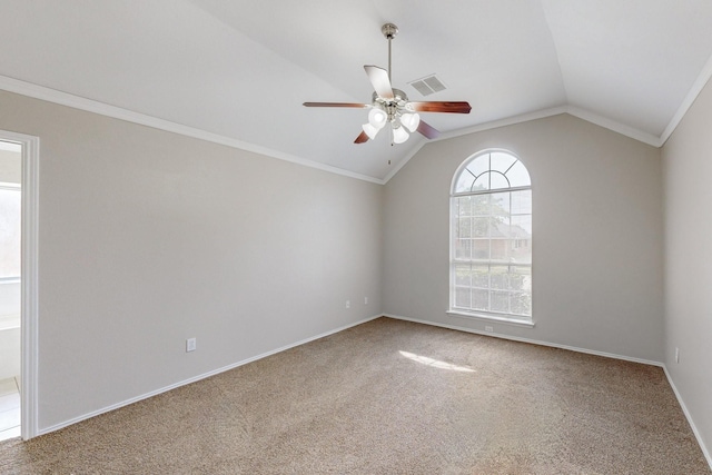 1720 Willow Crk, Mesquite, TX 75181 - empty room with ceiling fan, carpet, vaulted ceiling, visible vents, and baseboards