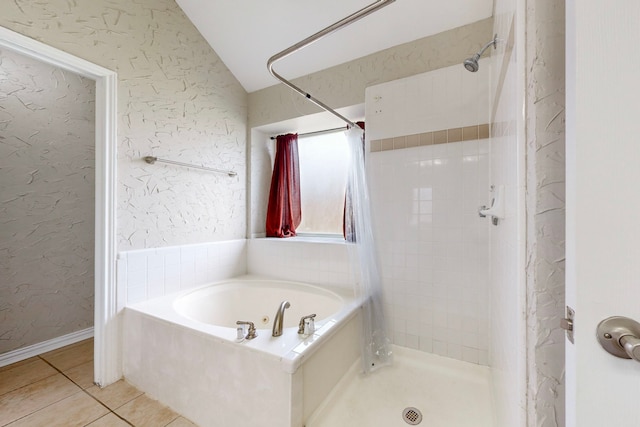 1720 Willow Crk, Mesquite, TX 75181 - bathroom with tile patterned floors, a shower stall, a garden tub, and lofted ceiling