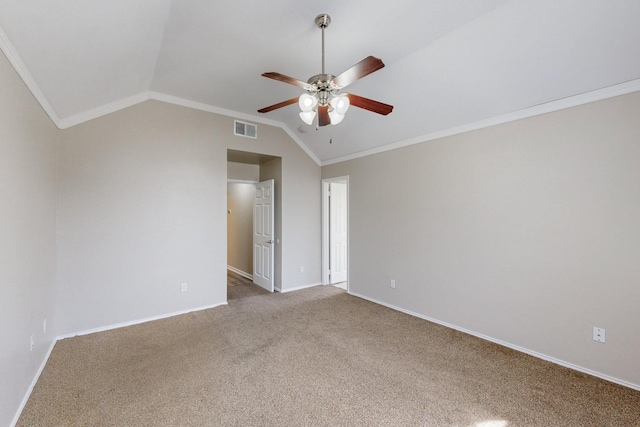 1720 Willow Crk, Mesquite, TX 75181 - carpeted empty room featuring ornamental molding, visible vents, a ceiling fan, and vaulted ceiling