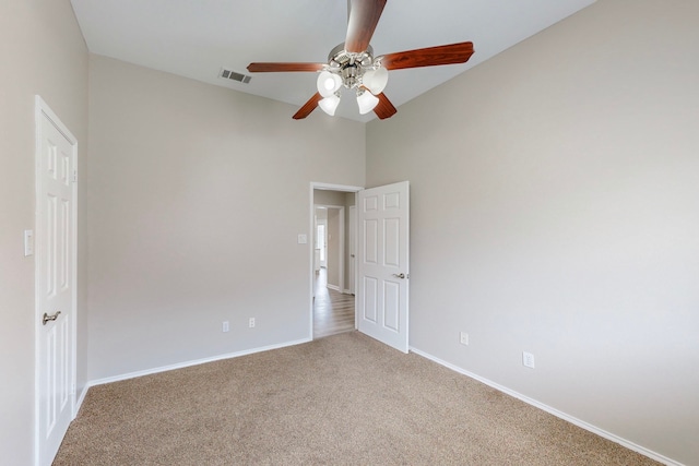 1720 Willow Crk, Mesquite, TX 75181 - unfurnished bedroom featuring baseboards, a ceiling fan, carpet floors, visible vents, and lofted ceiling