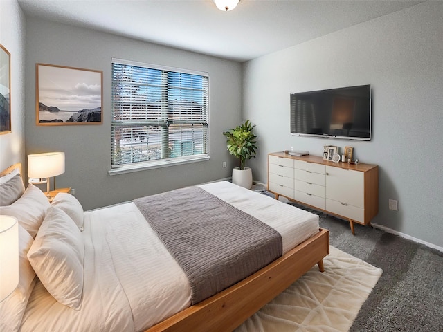 bedroom with dark carpet