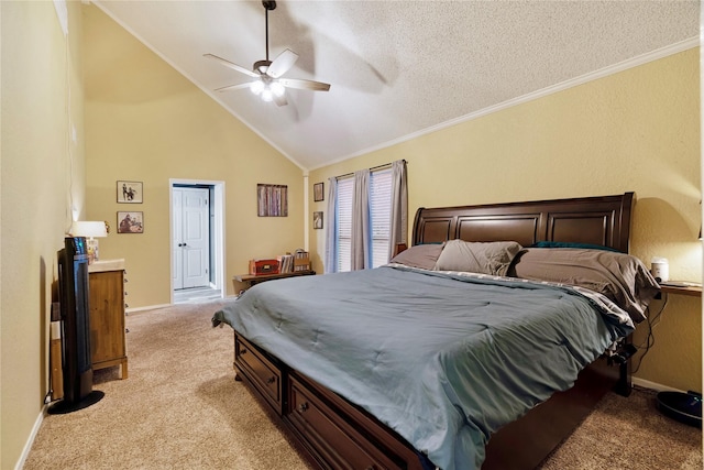 carpeted bedroom with ceiling fan, ornamental molding, high vaulted ceiling, and a textured ceiling