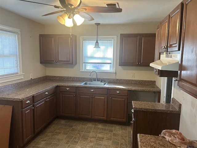 kitchen featuring pendant lighting, ceiling fan, dark brown cabinetry, and sink