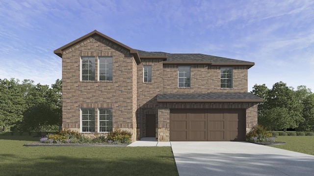 view of front of house with a garage and a front lawn