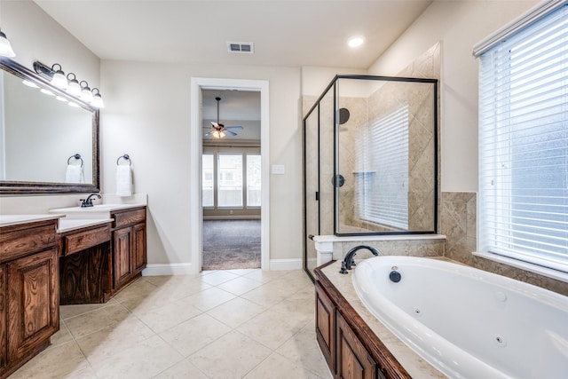 full bath with visible vents, a stall shower, vanity, tile patterned flooring, and a tub with jets