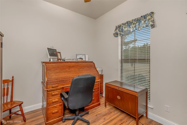 office area with hardwood / wood-style flooring and ceiling fan