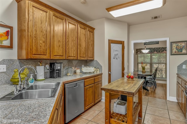 kitchen with sink, stainless steel dishwasher, backsplash, and light tile patterned floors