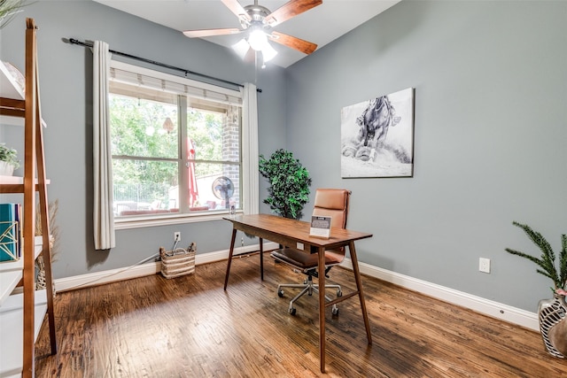 home office featuring hardwood / wood-style flooring and ceiling fan