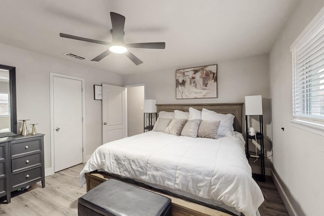 bedroom featuring ceiling fan and light wood-type flooring