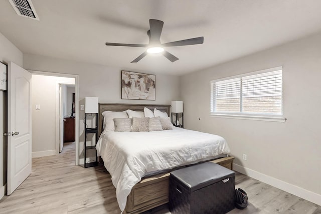 bedroom featuring ceiling fan and light hardwood / wood-style floors