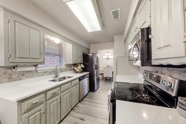 kitchen with sink, a chandelier, stainless steel appliances, light hardwood / wood-style floors, and decorative backsplash