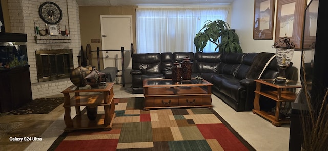 living room featuring a fireplace