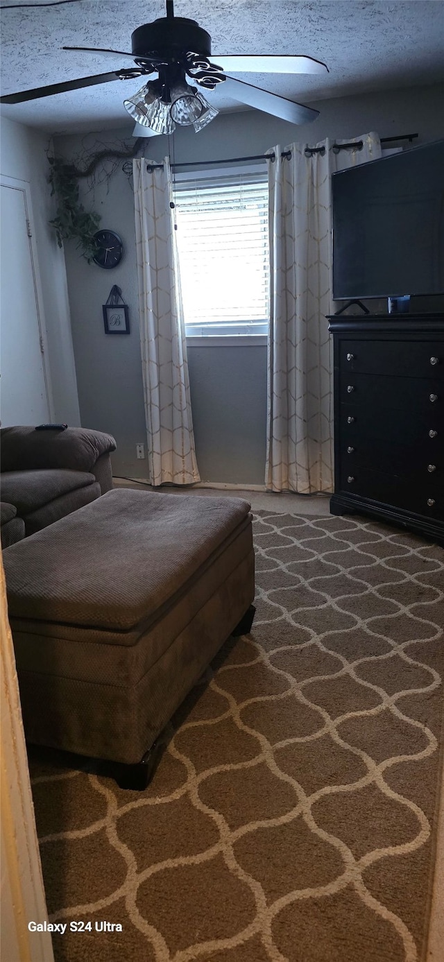 interior space featuring a textured ceiling and ceiling fan