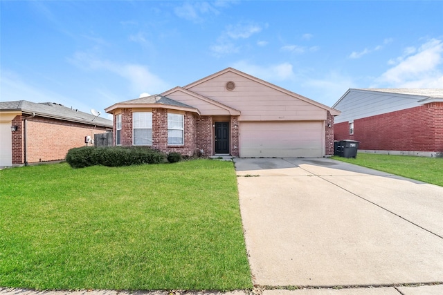 ranch-style home with a garage and a front yard