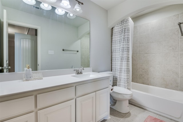 full bathroom featuring vanity, tile patterned floors, shower / bath combination with curtain, and toilet