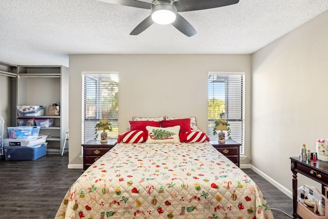 bedroom featuring multiple windows, dark hardwood / wood-style floors, and a textured ceiling