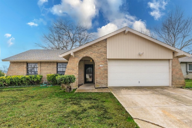 ranch-style house featuring a garage and a front yard