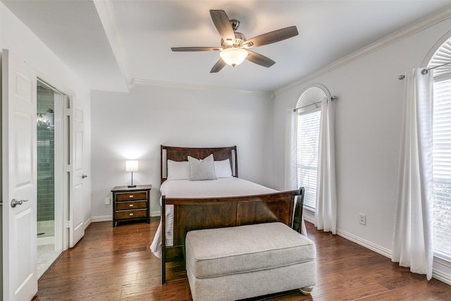 bedroom with dark wood-type flooring, crown molding, baseboards, and ceiling fan